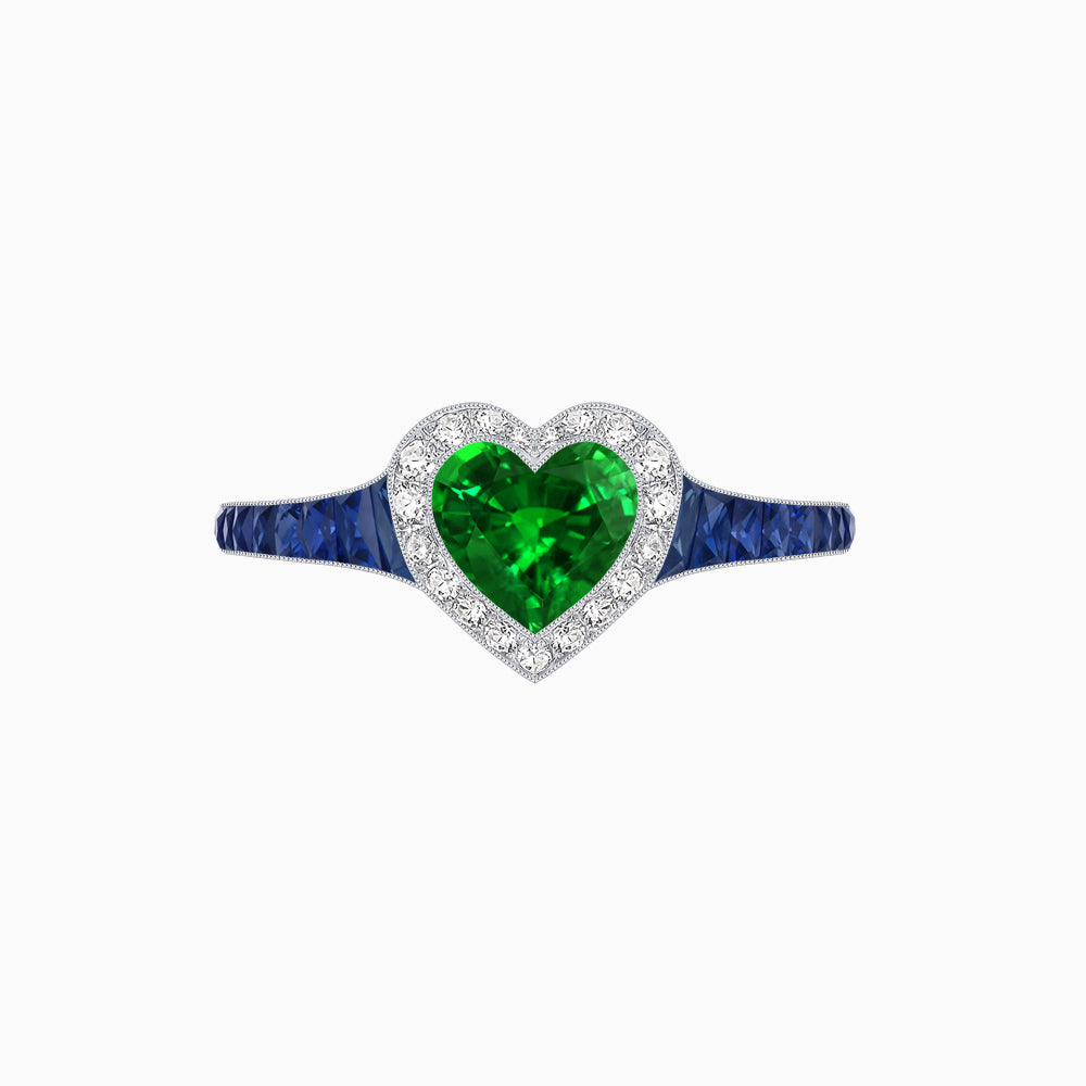 Art Deco Inspired Bezel-Set Heart Halo Ring with Calibré Gemstone Shoulders