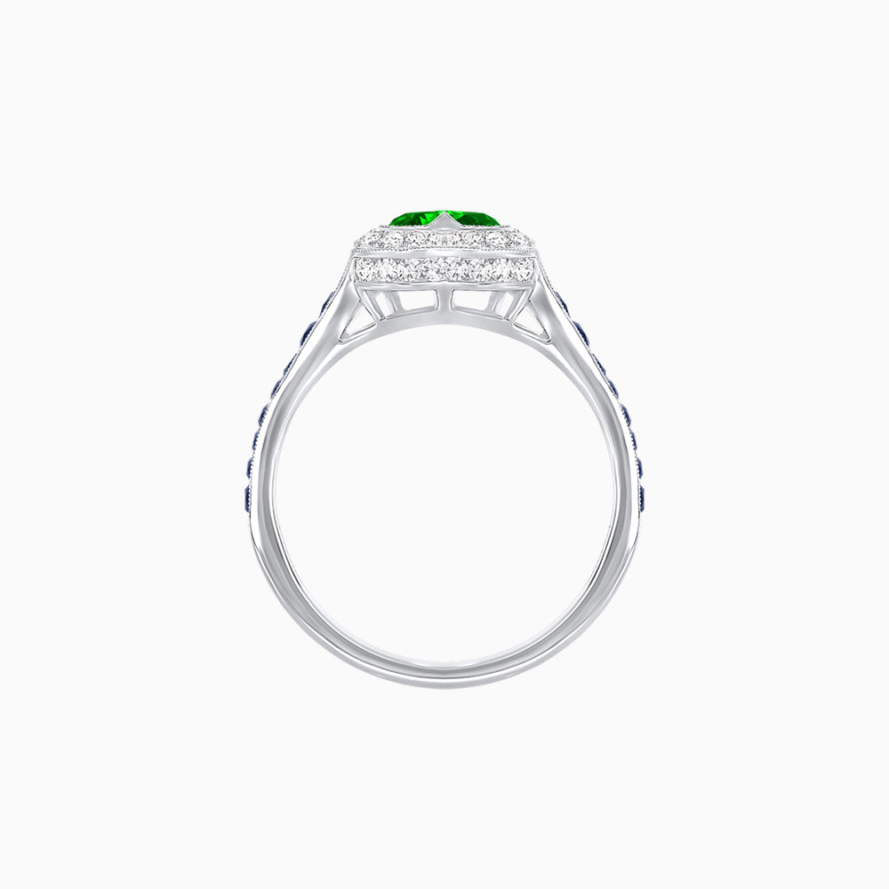 Art Deco Inspired Bezel-Set Heart Halo Ring with Calibré Gemstone Shoulders