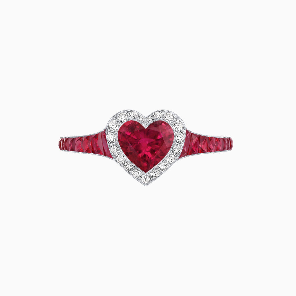 Art Deco Inspired Bezel-Set Heart Halo Ring with Calibré Gemstone Shoulders