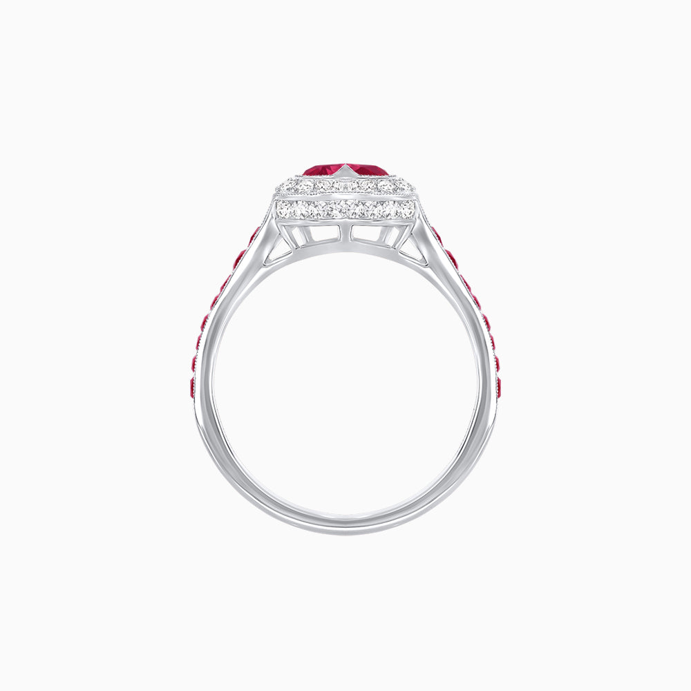 Art Deco Inspired Bezel-Set Heart Halo Ring with Calibré Gemstone Shoulders