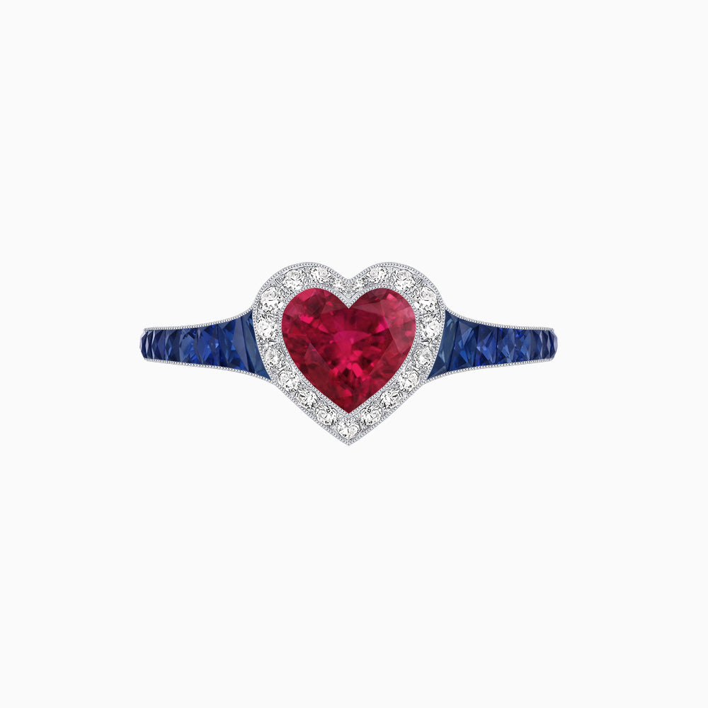 Art Deco Inspired Bezel-Set Heart Halo Ring with Calibré Gemstone Shoulders