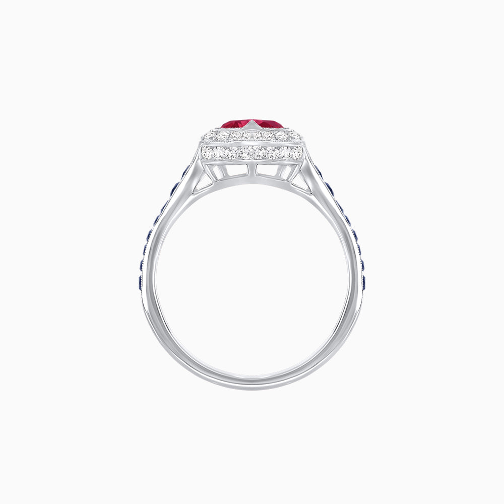 Art Deco Inspired Bezel-Set Heart Halo Ring with Calibré Gemstone Shoulders