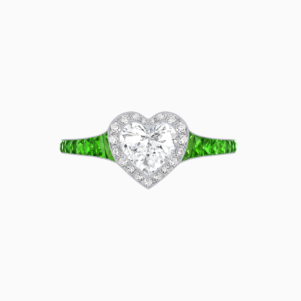 Art Deco Inspired Bezel-Set Heart Halo Ring with Calibré Gemstone Shoulders
