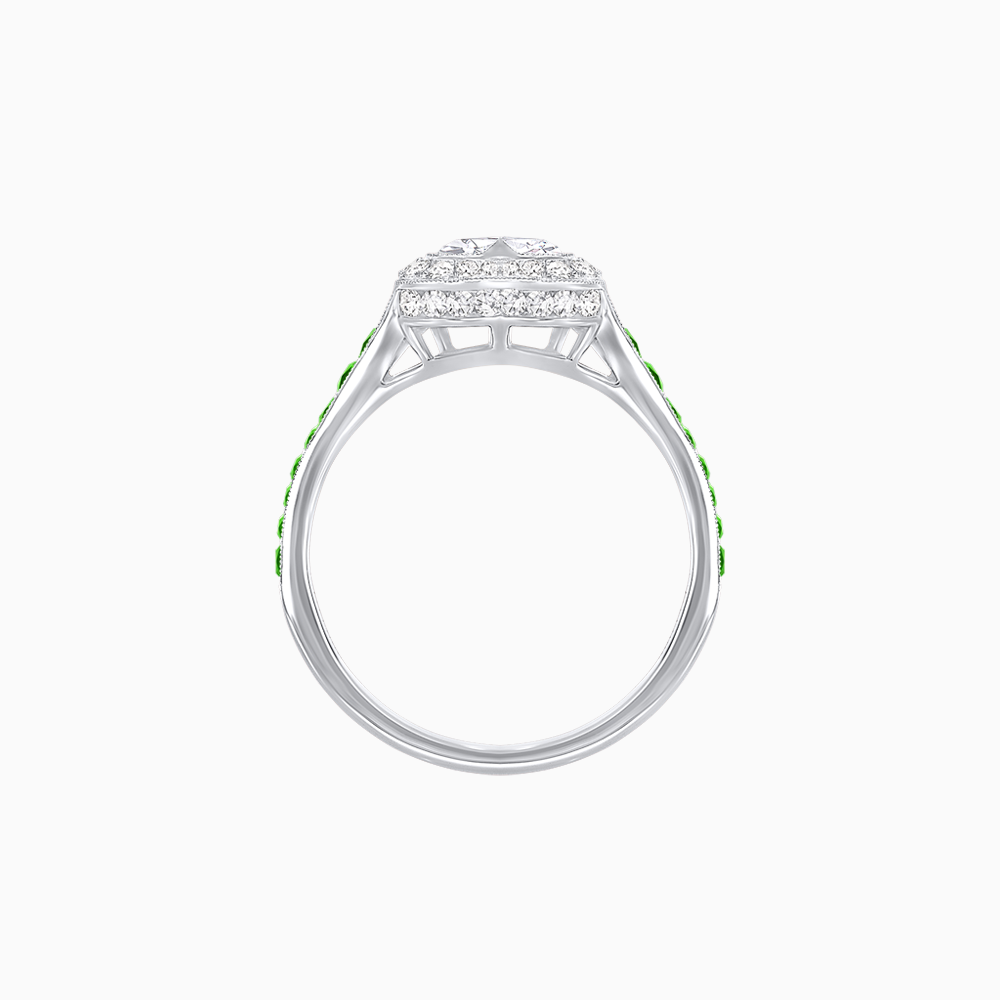 Art Deco Inspired Bezel-Set Heart Halo Ring with Calibré Gemstone Shoulders