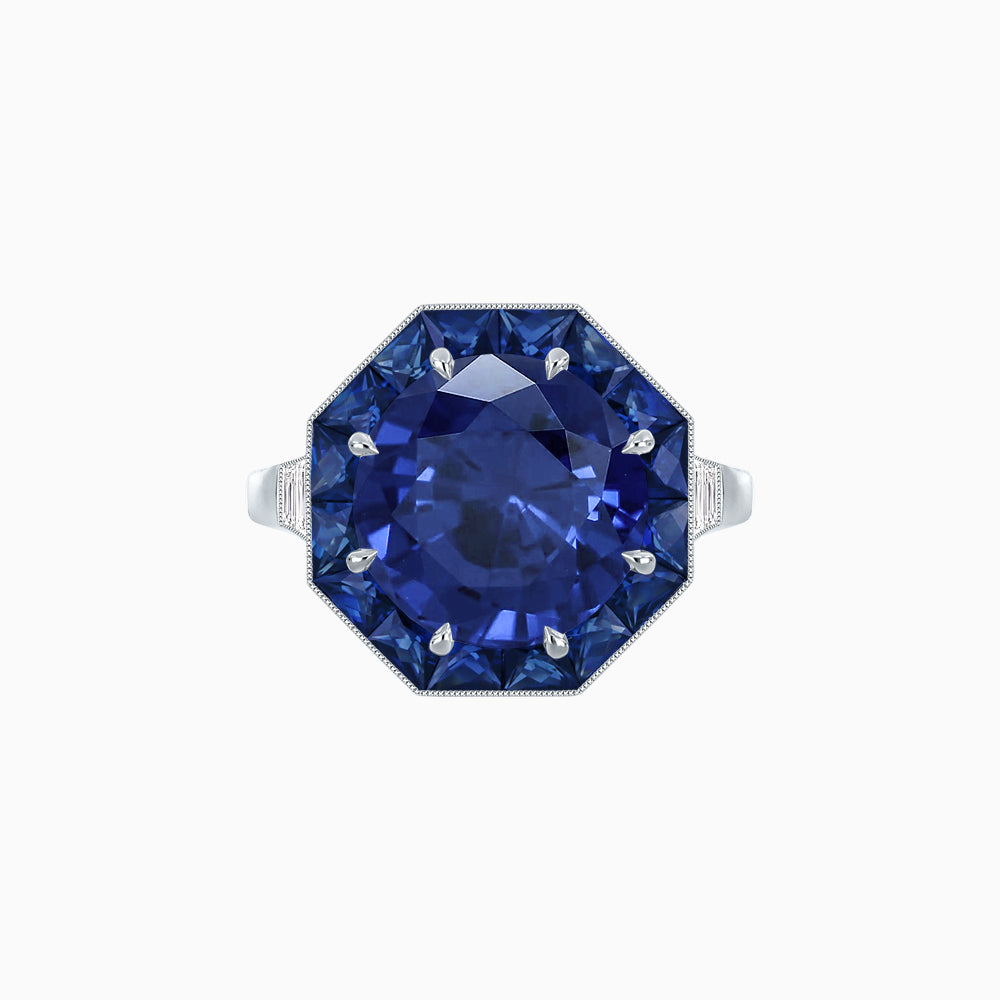 Art Deco Inspired Round Cut Cocktail Ring with Calibré Gemstone Halo