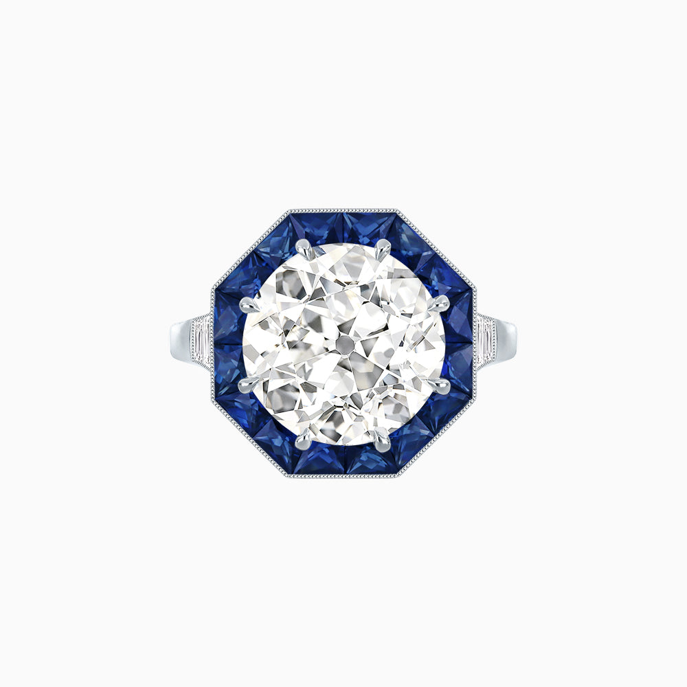 Art Deco Inspired Round Cut Cocktail Ring with Calibré Gemstone Halo