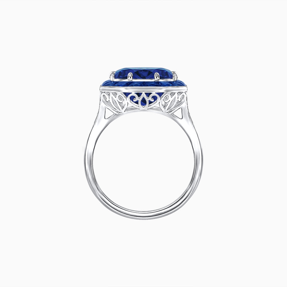 Art Deco Inspired Round Cut Cocktail Ring with Calibré Gemstone Halo