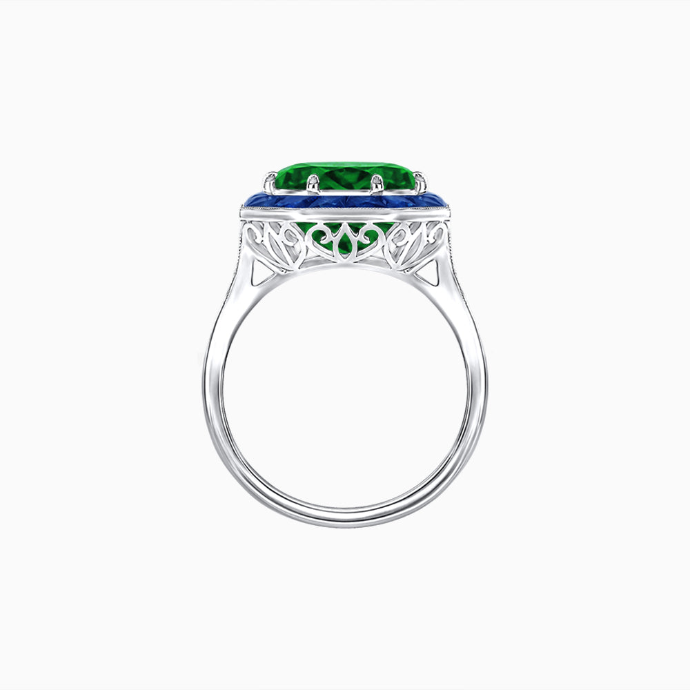 Art Deco Inspired Round Cut Cocktail Ring with Calibré Gemstone Halo