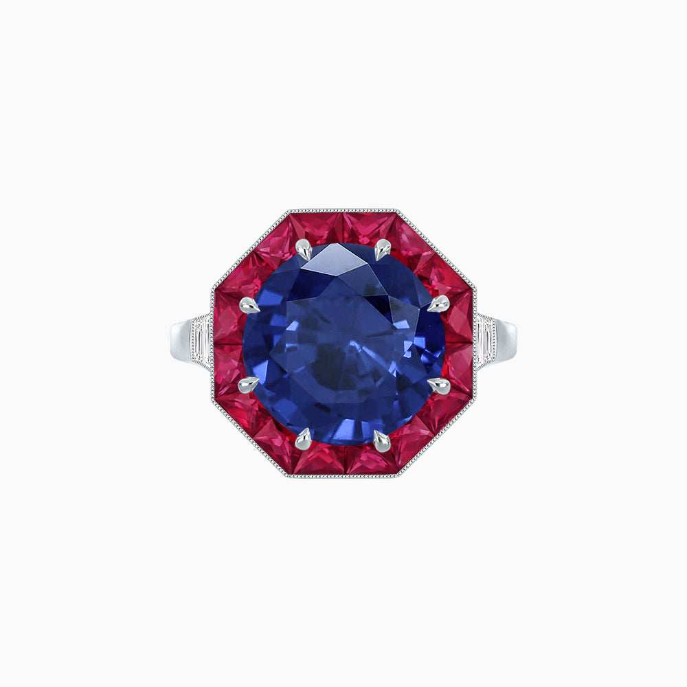 Art Deco Inspired Round Cut Cocktail Ring with Calibré Gemstone Halo
