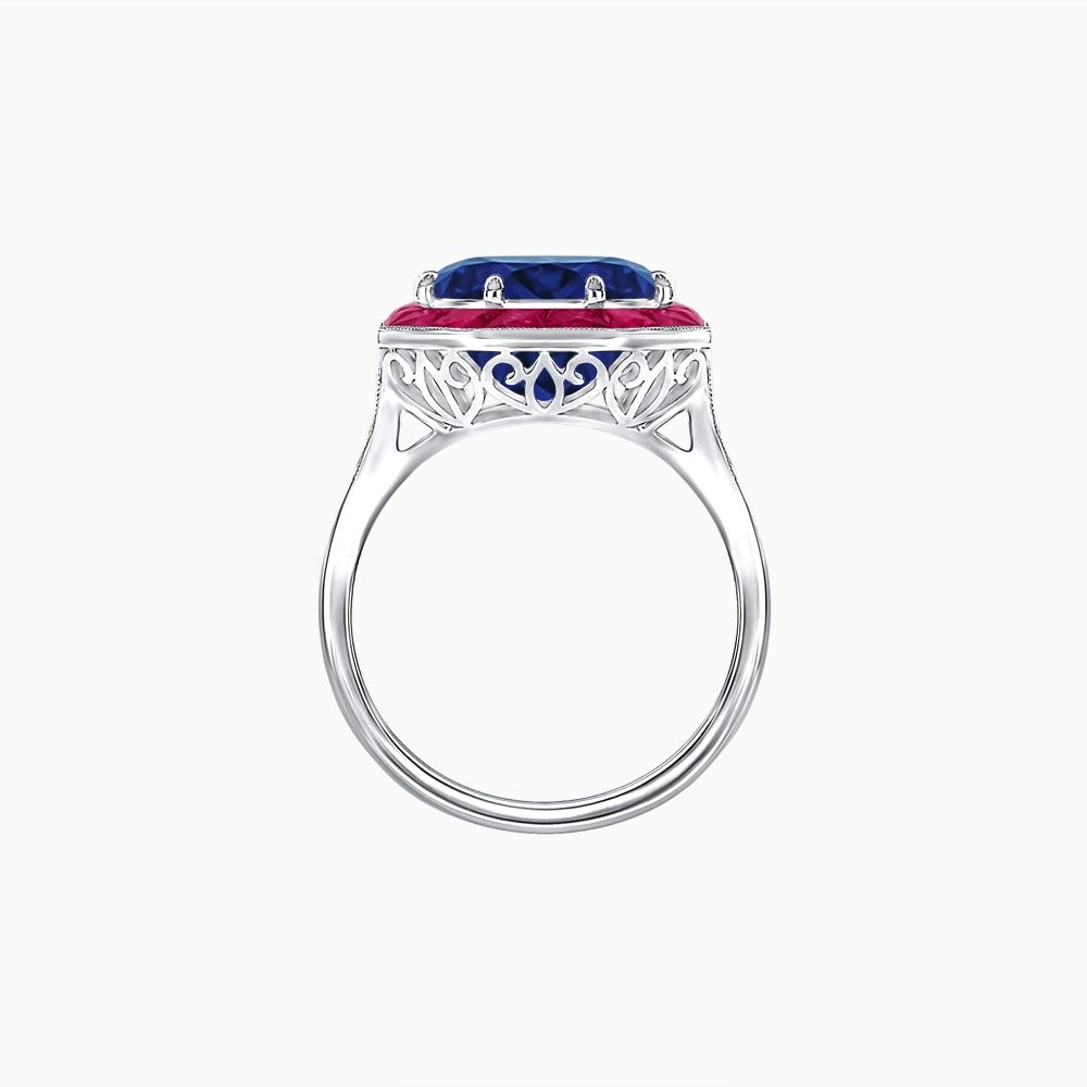 Art Deco Inspired Round Cut Cocktail Ring with Calibré Gemstone Halo