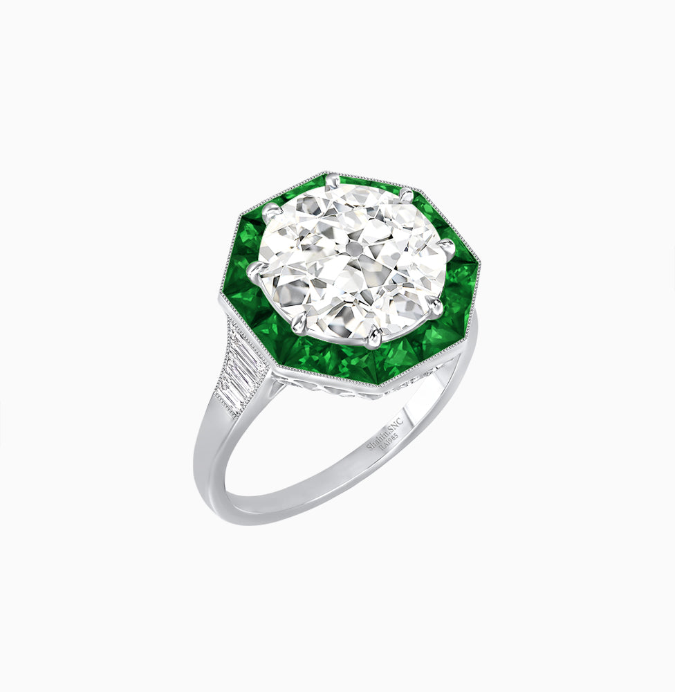Art Deco Inspired Round Cut Cocktail Ring with Calibré Gemstone Halo