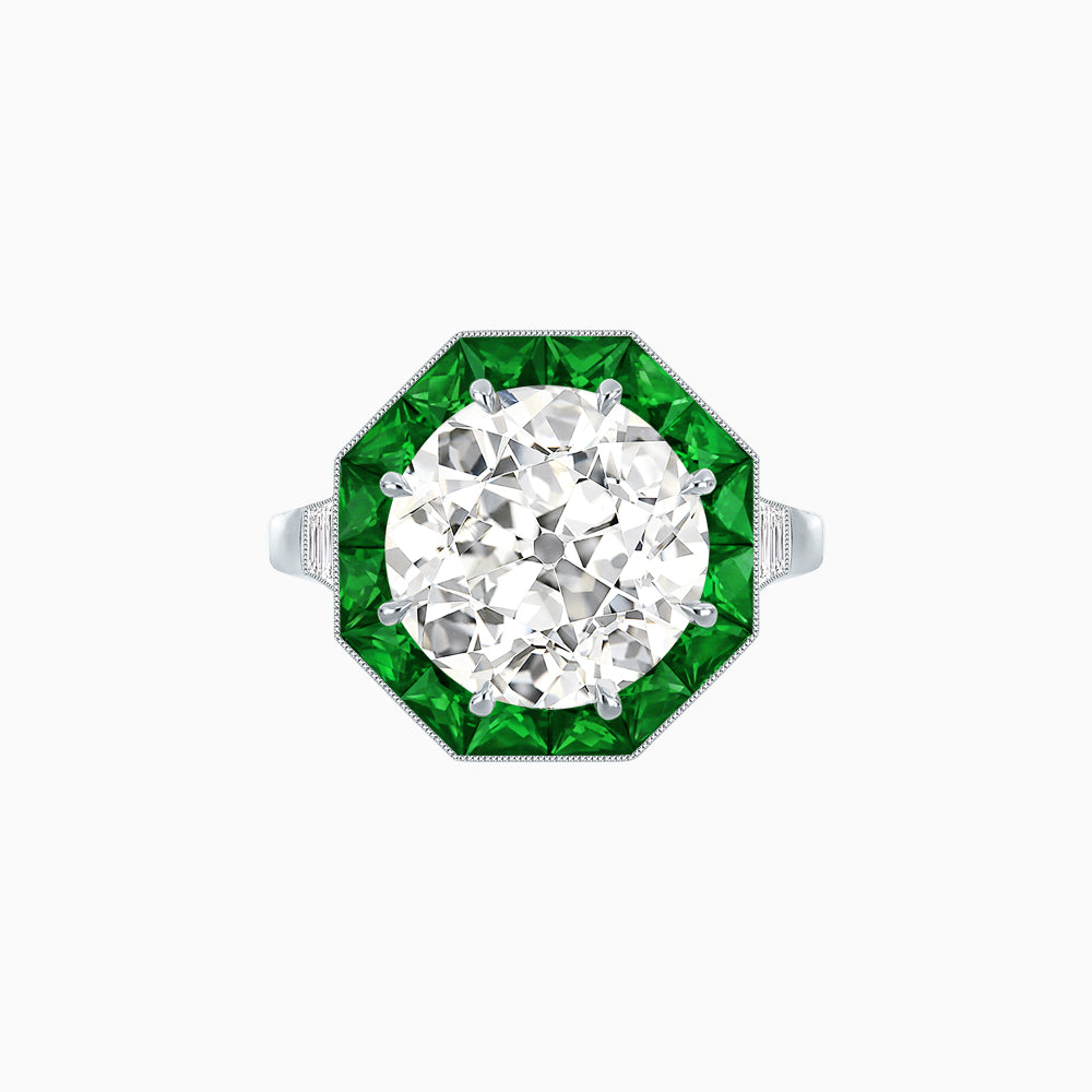 Art Deco Inspired Round Cut Cocktail Ring with Calibré Gemstone Halo