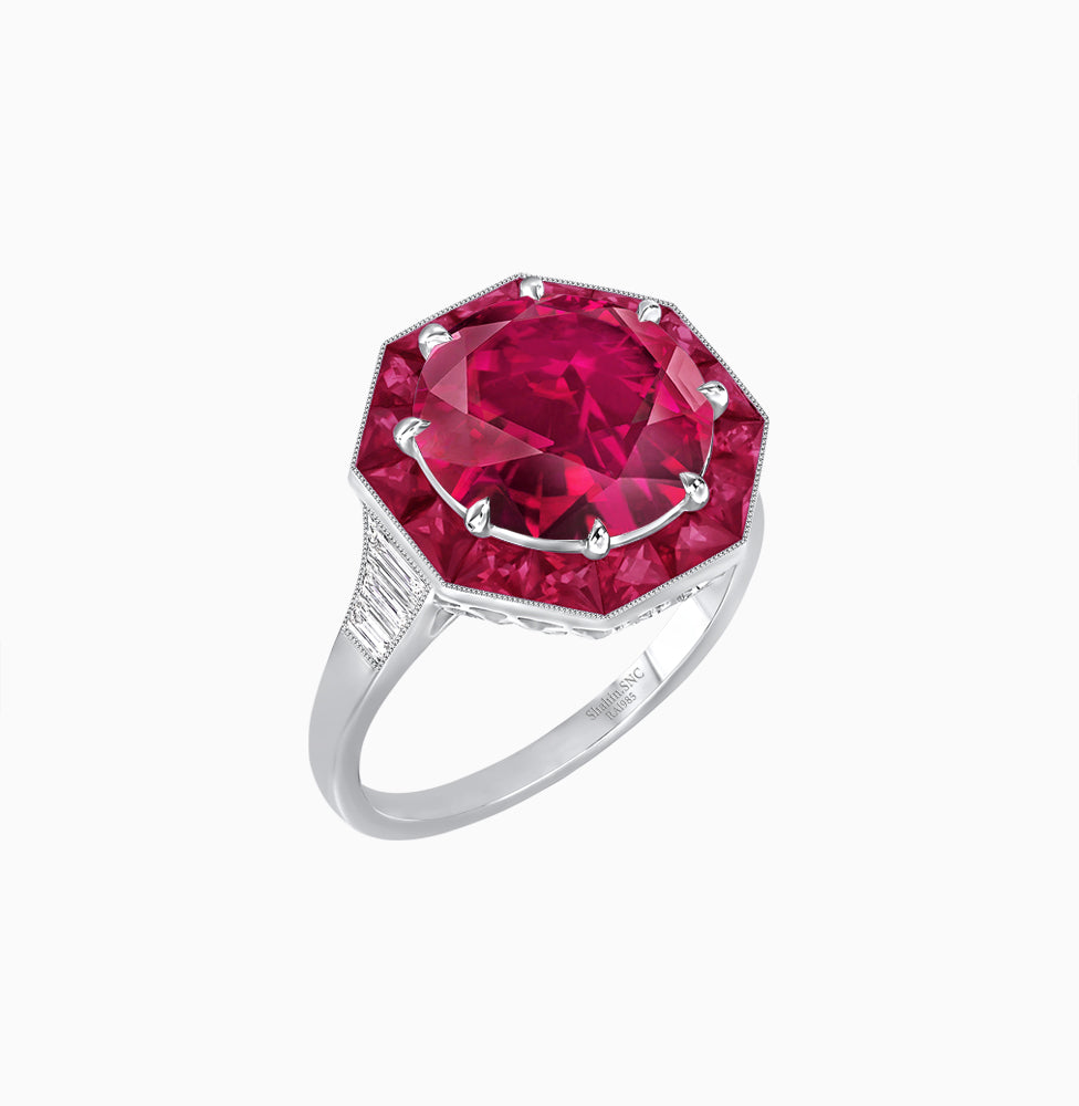Art Deco Inspired Round Cut Cocktail Ring with Calibré Gemstone Halo