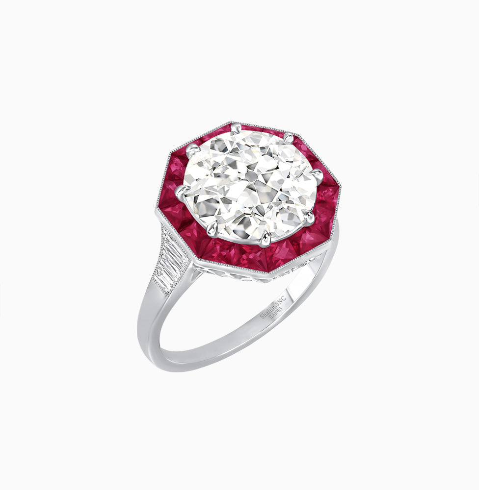 Art Deco Inspired Round Cut Cocktail Ring with Calibré Gemstone Halo