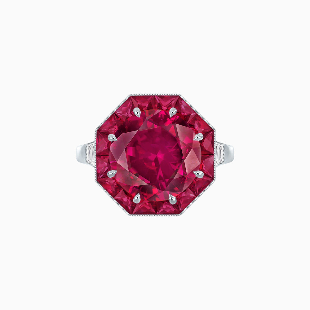 Art Deco Inspired Round Cut Cocktail Ring with Calibré Gemstone Halo