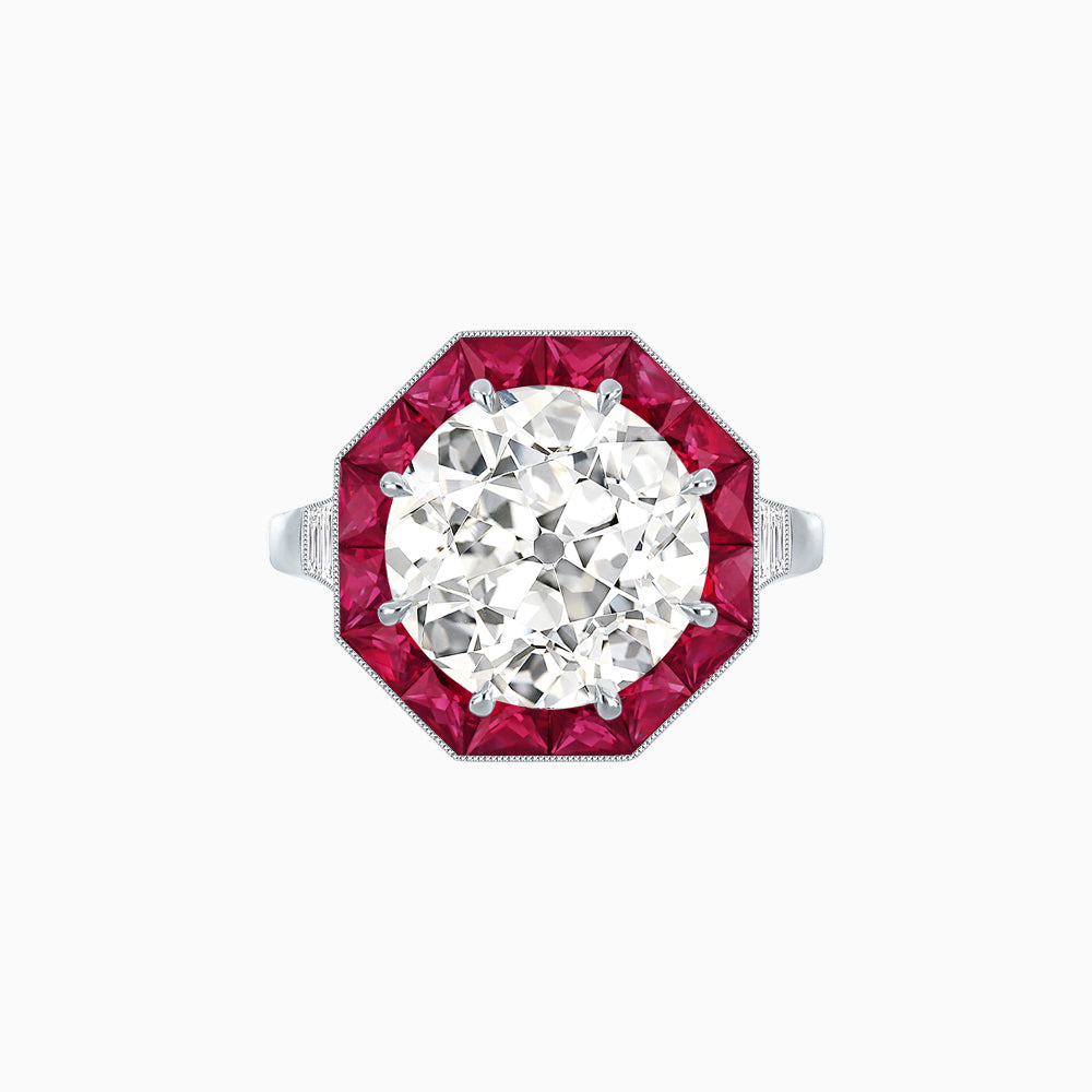 Art Deco Inspired Round Cut Cocktail Ring with Calibré Gemstone Halo