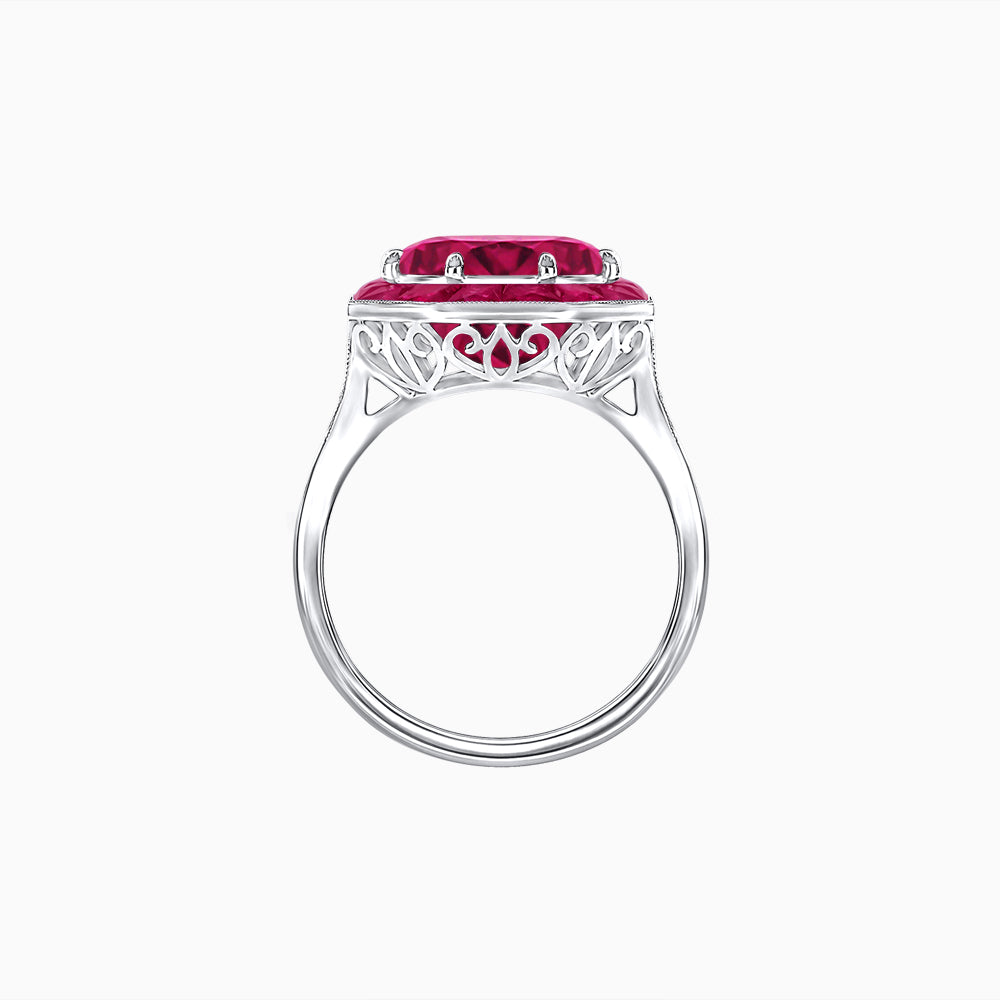 Art Deco Inspired Round Cut Cocktail Ring with Calibré Gemstone Halo