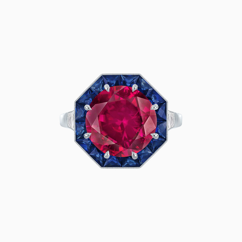 Art Deco Inspired Round Cut Cocktail Ring with Calibré Gemstone Halo