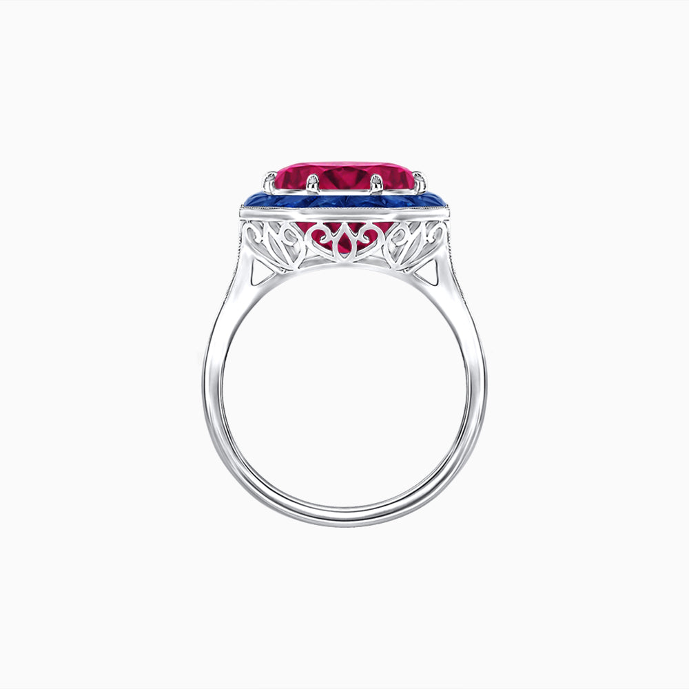 Art Deco Inspired Round Cut Cocktail Ring with Calibré Gemstone Halo