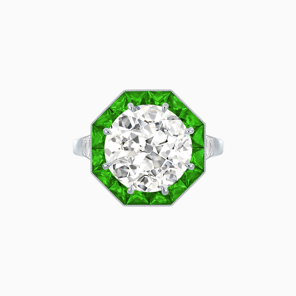 Art Deco Inspired Round Cut Cocktail Ring with Calibré Gemstone Halo