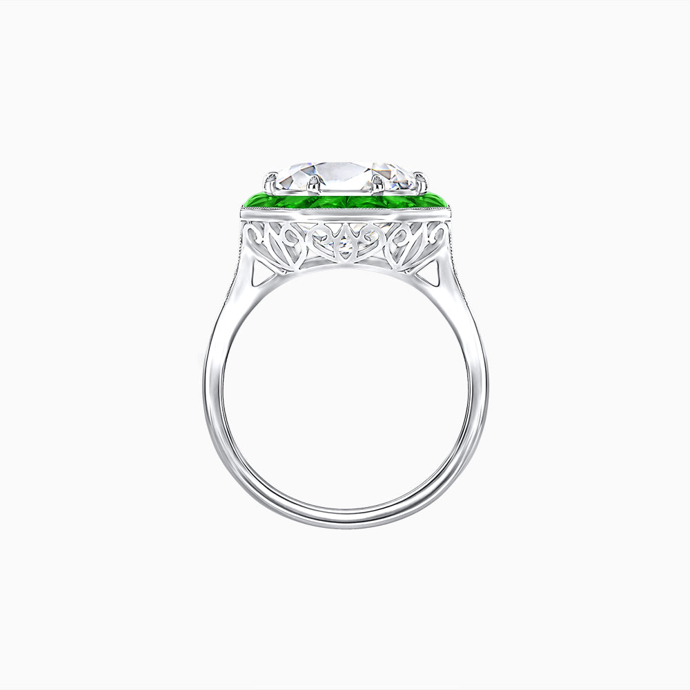 Art Deco Inspired Round Cut Cocktail Ring with Calibré Gemstone Halo