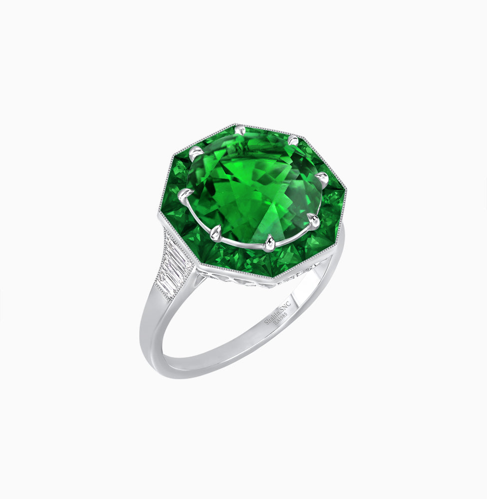 Art Deco Inspired Round Cut Cocktail Ring with Calibré Gemstone Halo