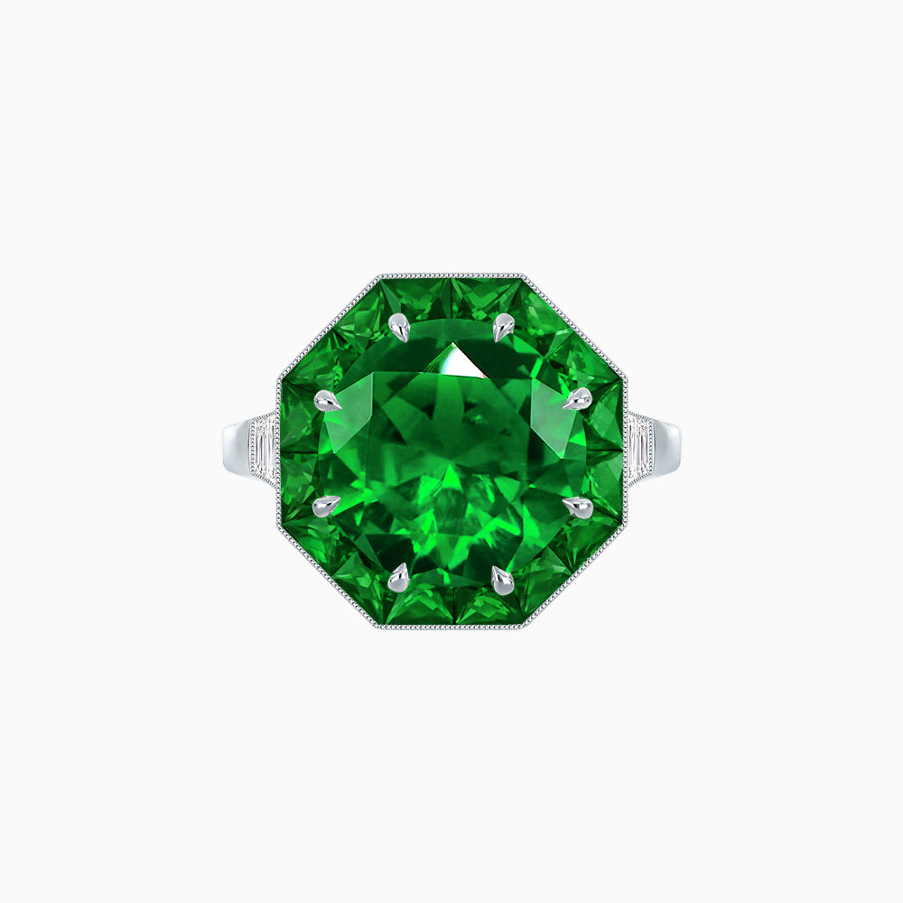 Art Deco Inspired Round Cut Cocktail Ring with Calibré Gemstone Halo