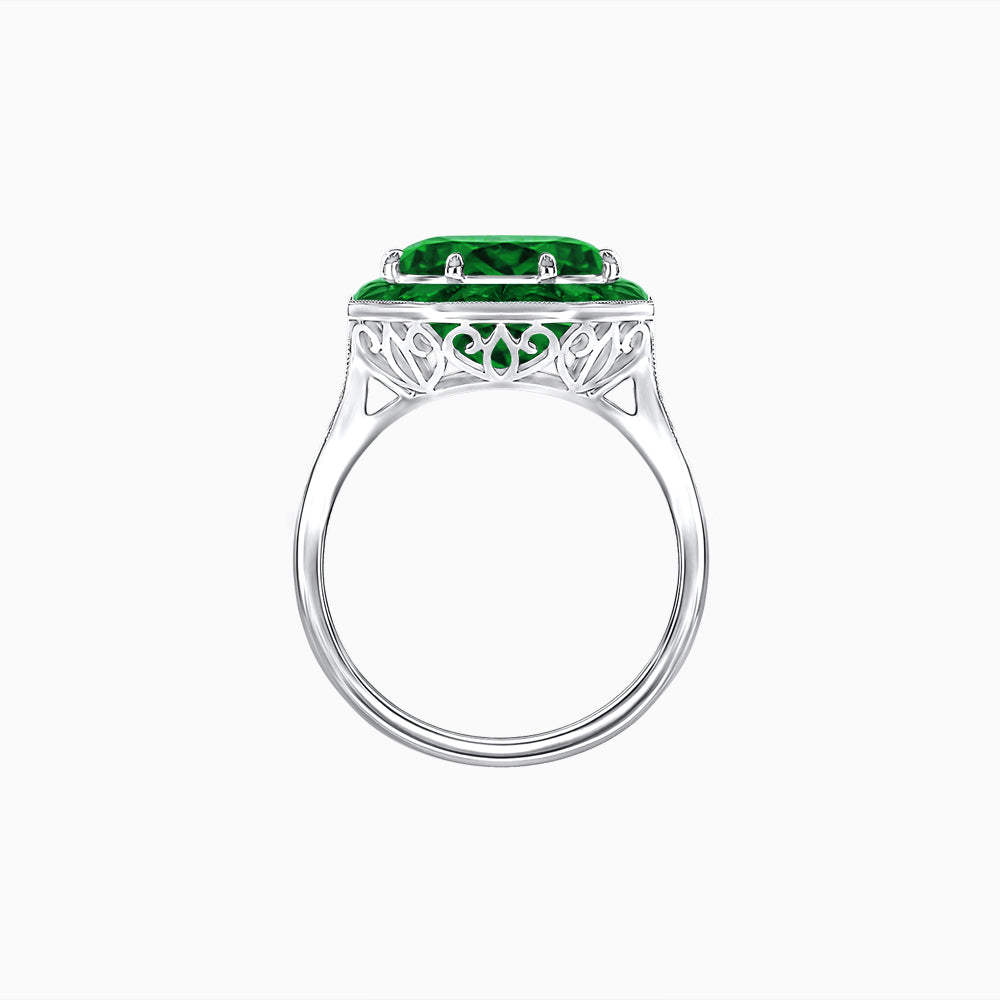 Art Deco Inspired Round Cut Cocktail Ring with Calibré Gemstone Halo