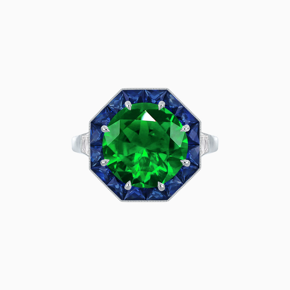 Art Deco Inspired Round Cut Cocktail Ring with Calibré Gemstone Halo