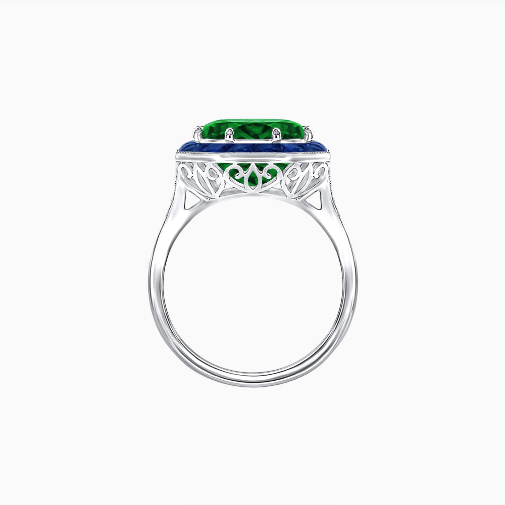 Art Deco Inspired Round Cut Cocktail Ring with Calibré Gemstone Halo