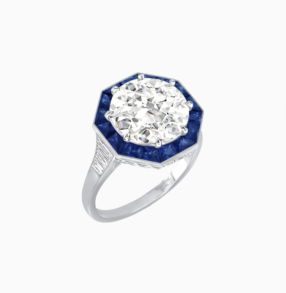 Art Deco Inspired Round Cut Cocktail Ring with Calibré Gemstone Halo