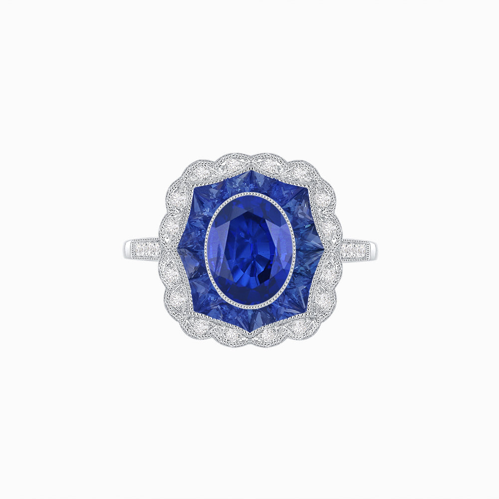 Oval-Cut Art Deco Floral Radiance Ring with Diamond and Gemstone