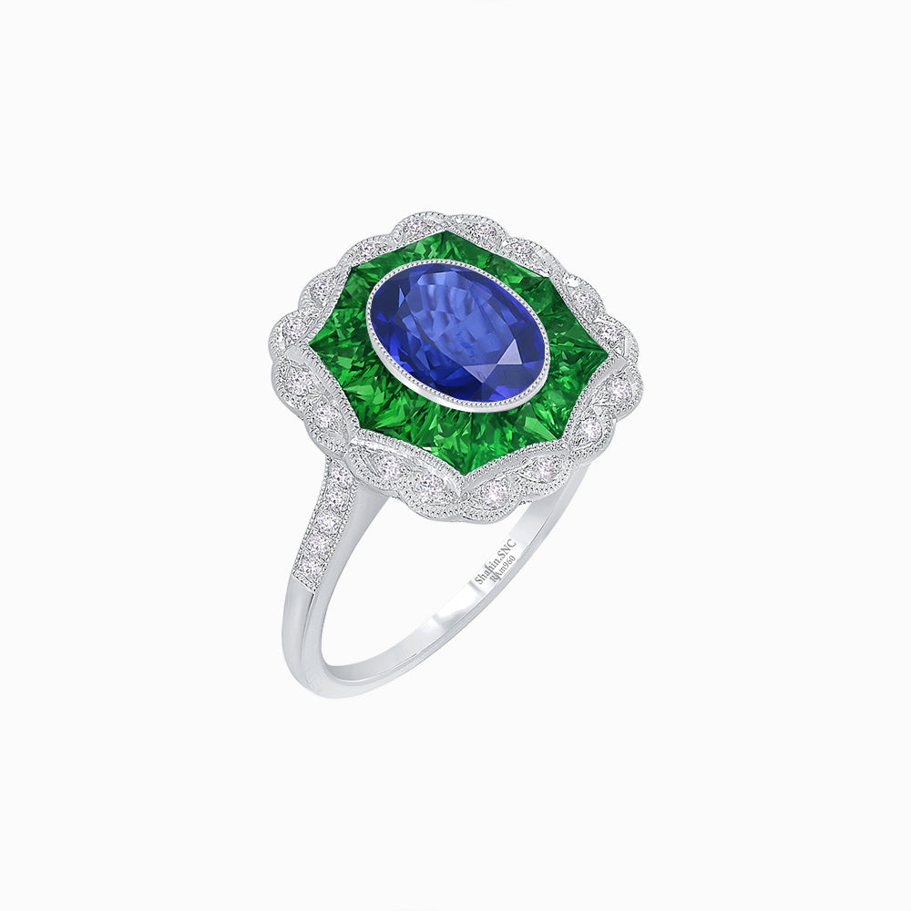 Oval-Cut Art Deco Floral Radiance Ring with Diamond and Gemstone