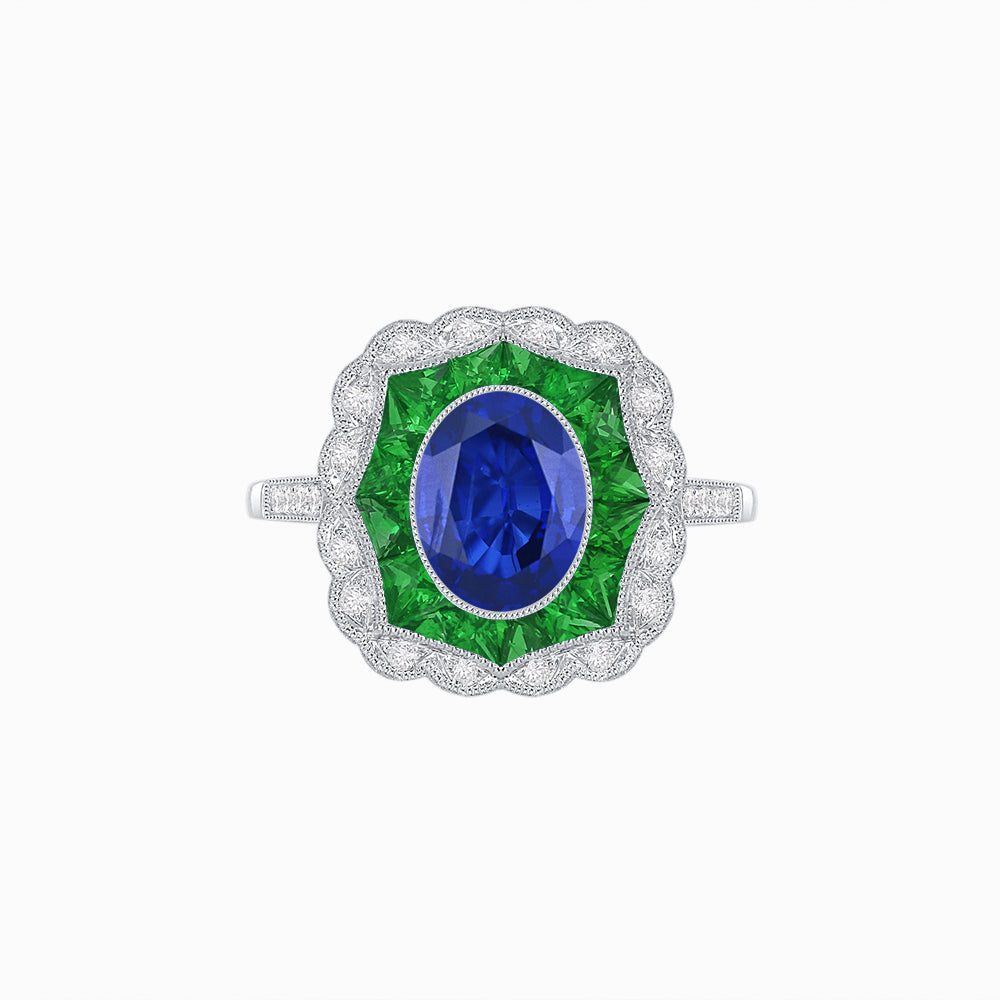 Oval-Cut Art Deco Floral Radiance Ring with Diamond and Gemstone
