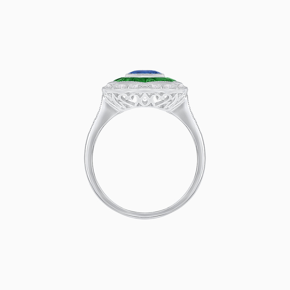 Oval-Cut Art Deco Floral Radiance Ring with Diamond and Gemstone