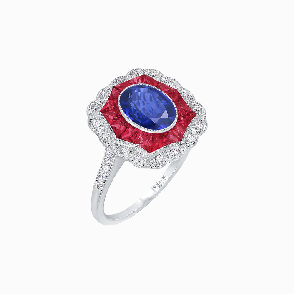 Oval-Cut Art Deco Floral Radiance Ring with Diamond and Gemstone