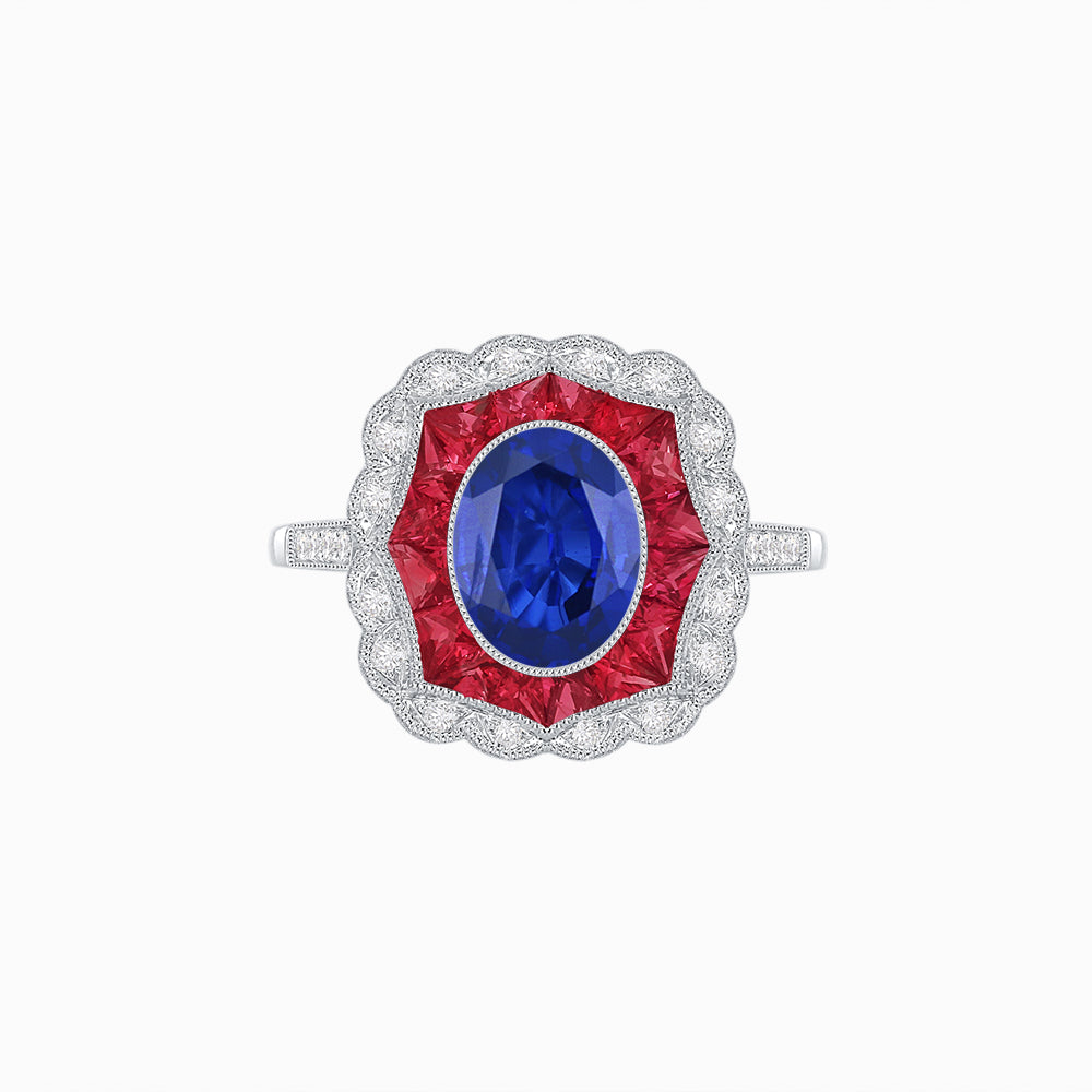 Oval-Cut Art Deco Floral Radiance Ring with Diamond and Gemstone
