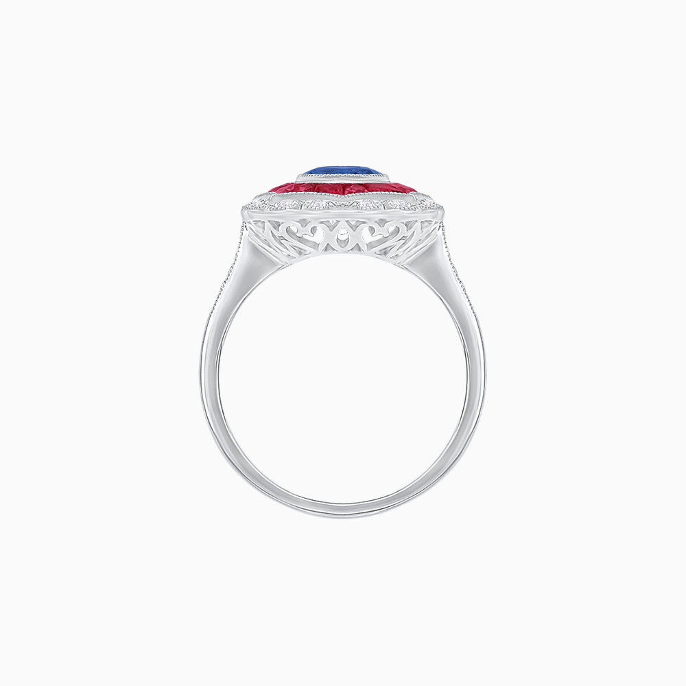 Oval-Cut Art Deco Floral Radiance Ring with Diamond and Gemstone