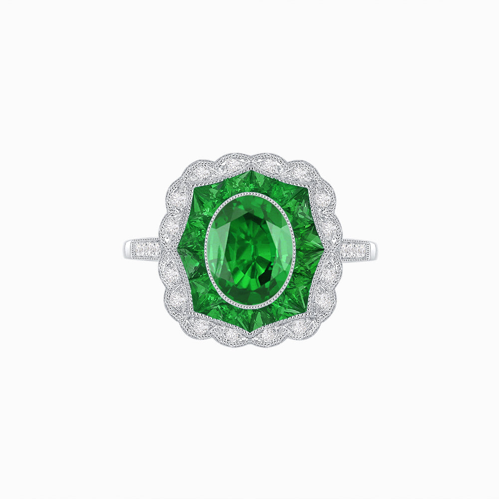 Oval-Cut Art Deco Floral Radiance Ring with Diamond and Gemstone