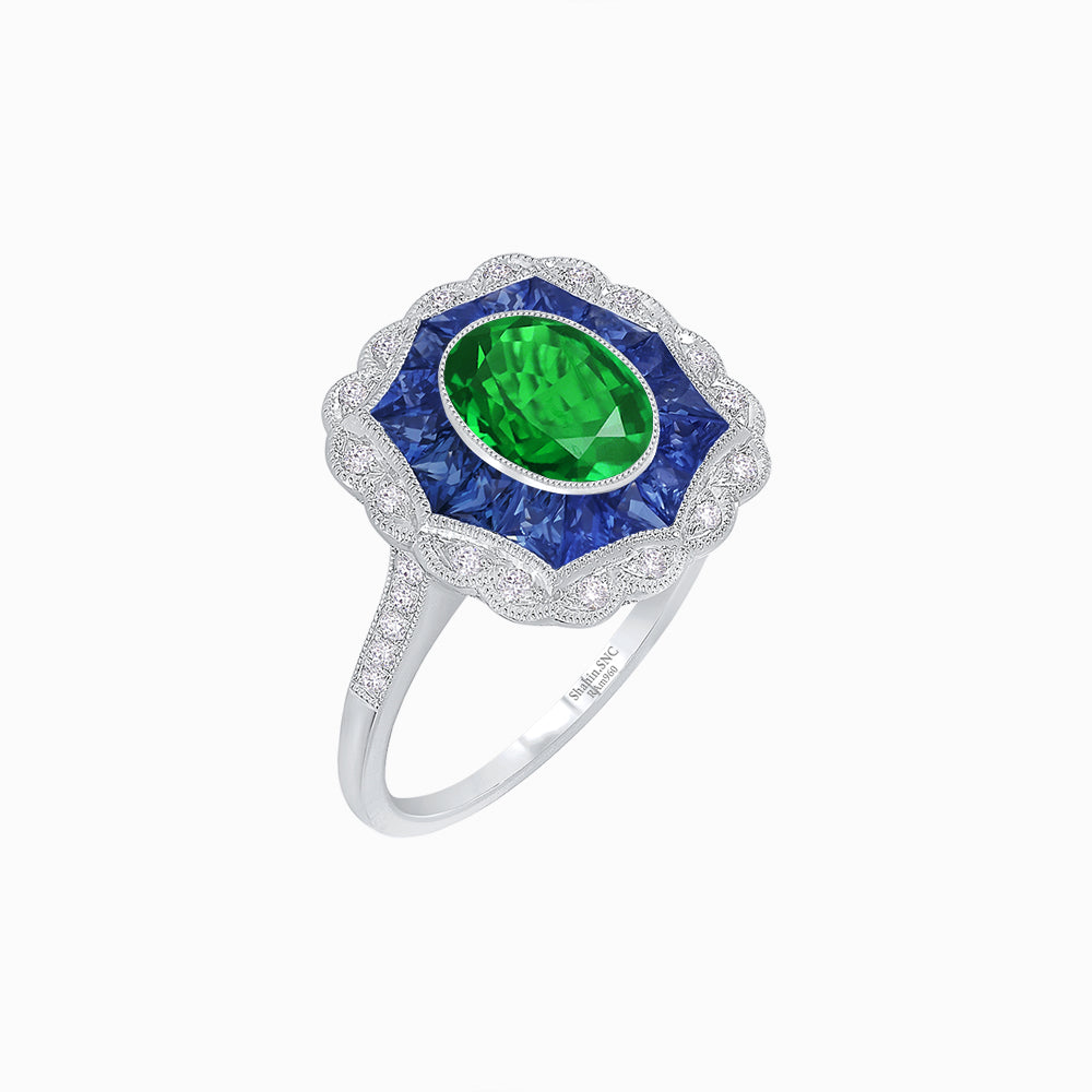 Oval-Cut Art Deco Floral Radiance Ring with Diamond and Gemstone