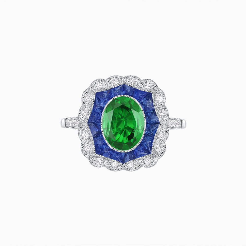 Oval-Cut Art Deco Floral Radiance Ring with Diamond and Gemstone