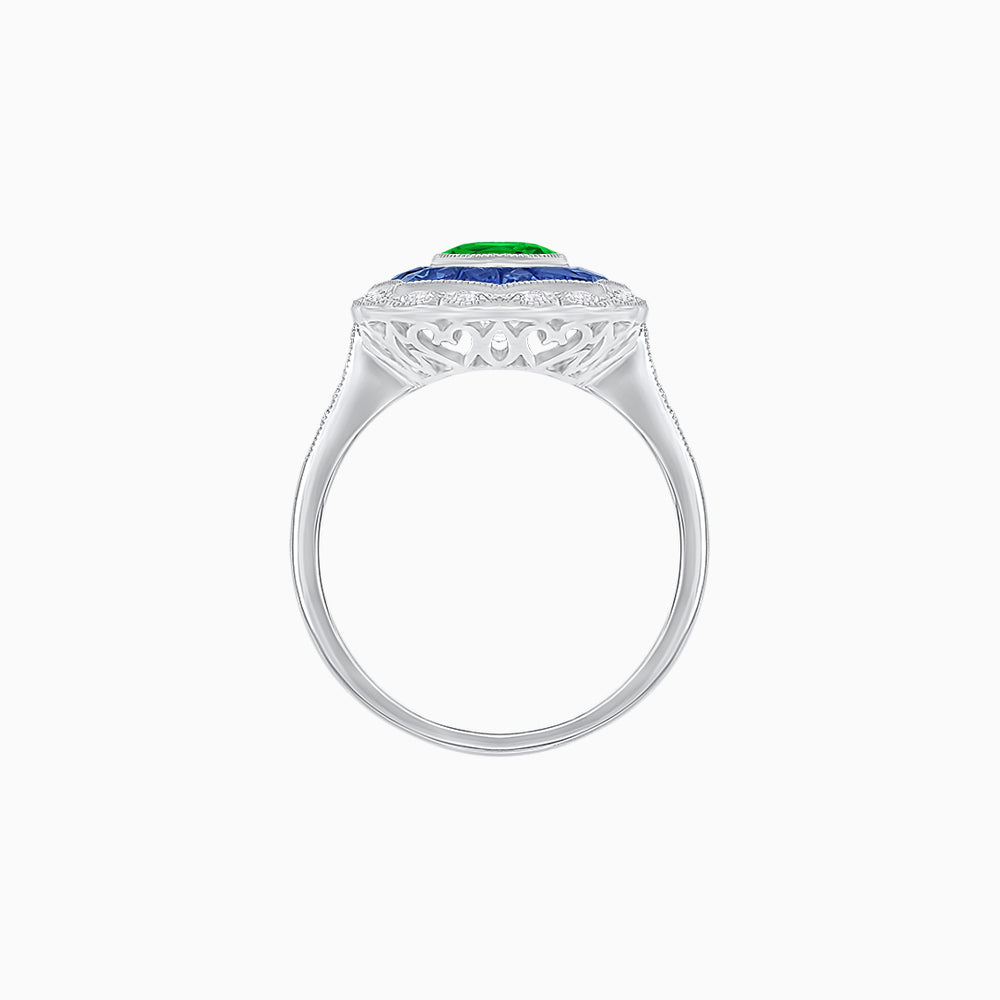 Oval-Cut Art Deco Floral Radiance Ring with Diamond and Gemstone