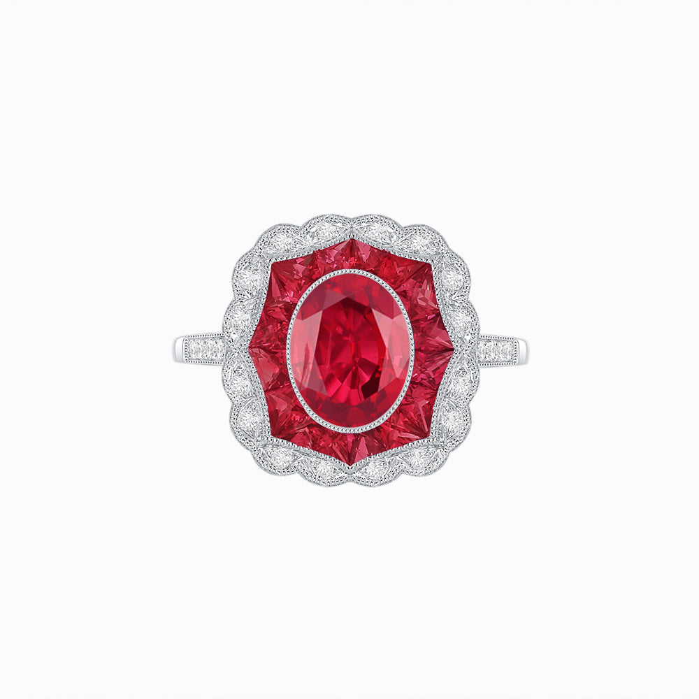 Oval-Cut Art Deco Floral Radiance Ring with Diamond and Gemstone