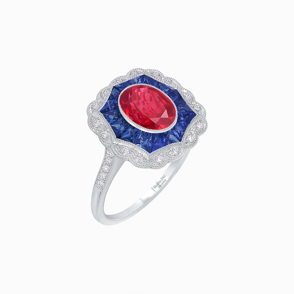 Oval-Cut Art Deco Floral Radiance Ring with Diamond and Gemstone