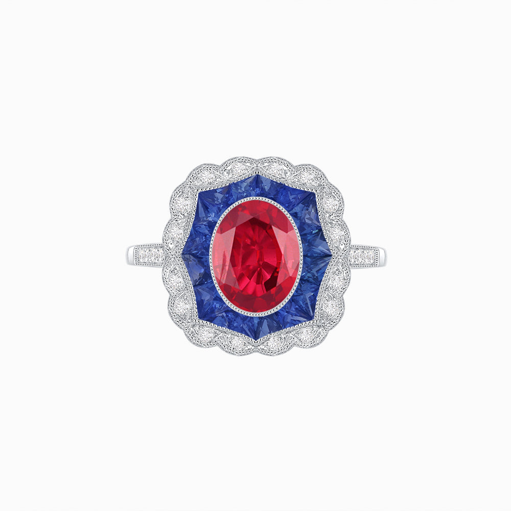 Oval-Cut Art Deco Floral Radiance Ring with Diamond and Gemstone