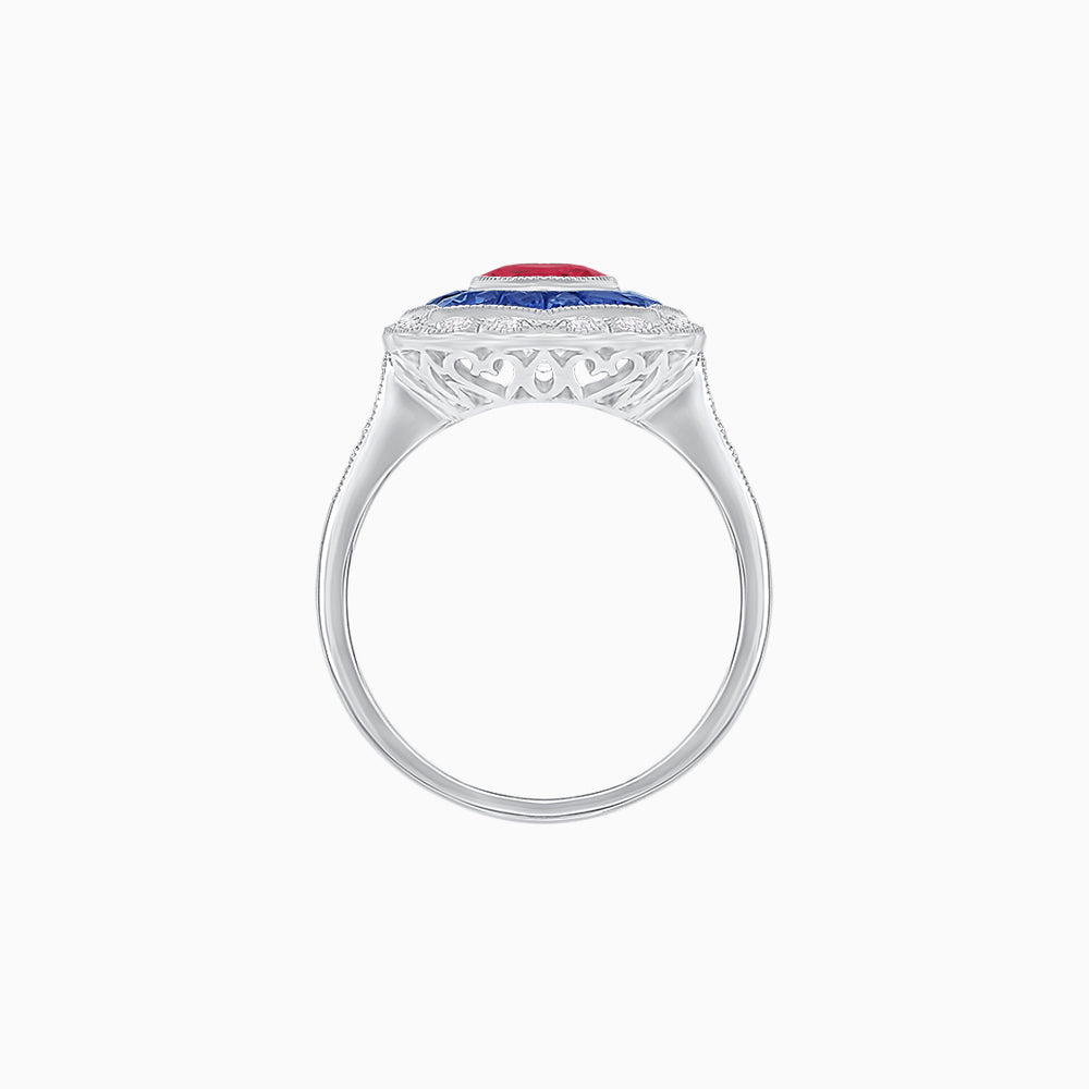 Oval-Cut Art Deco Floral Radiance Ring with Diamond and Gemstone