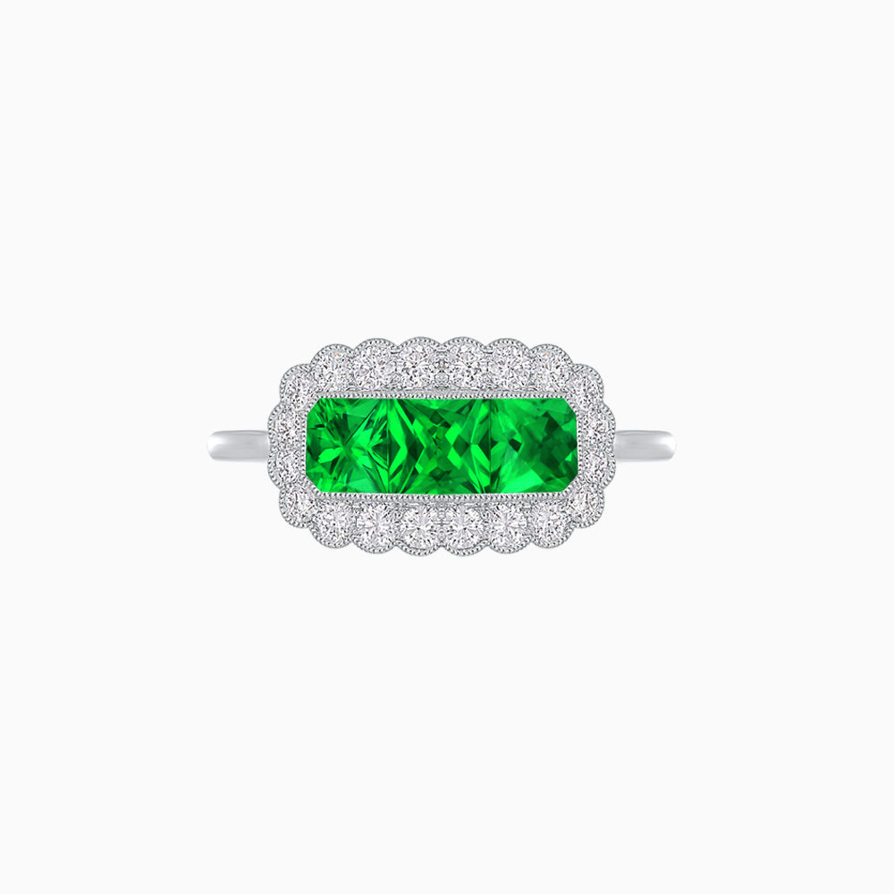 Vintage Inspired East-West Three-Stone Mosaic Halo Ring