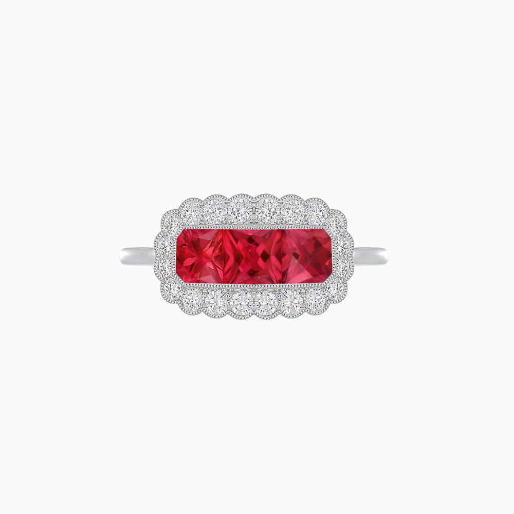 Vintage Inspired East-West Three-Stone Mosaic Halo Ring