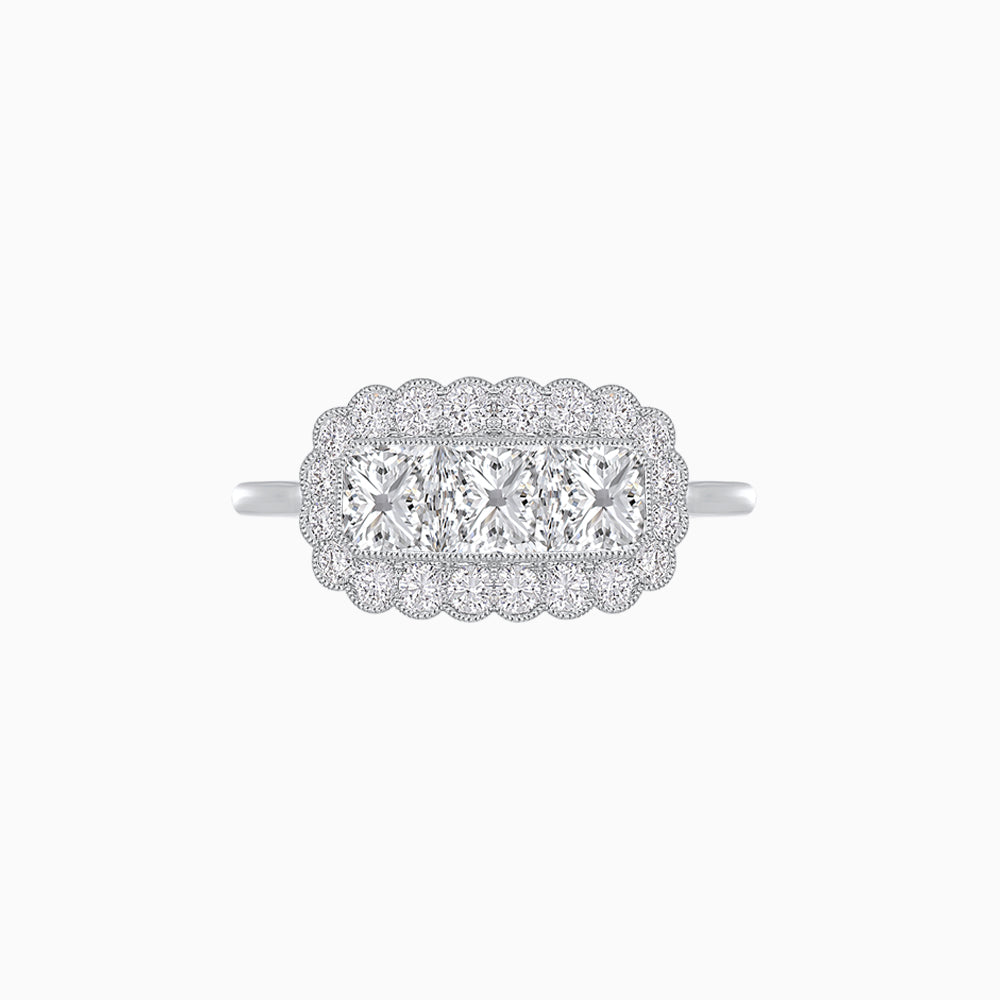 Vintage Inspired East-West Three-Stone Mosaic Halo Ring