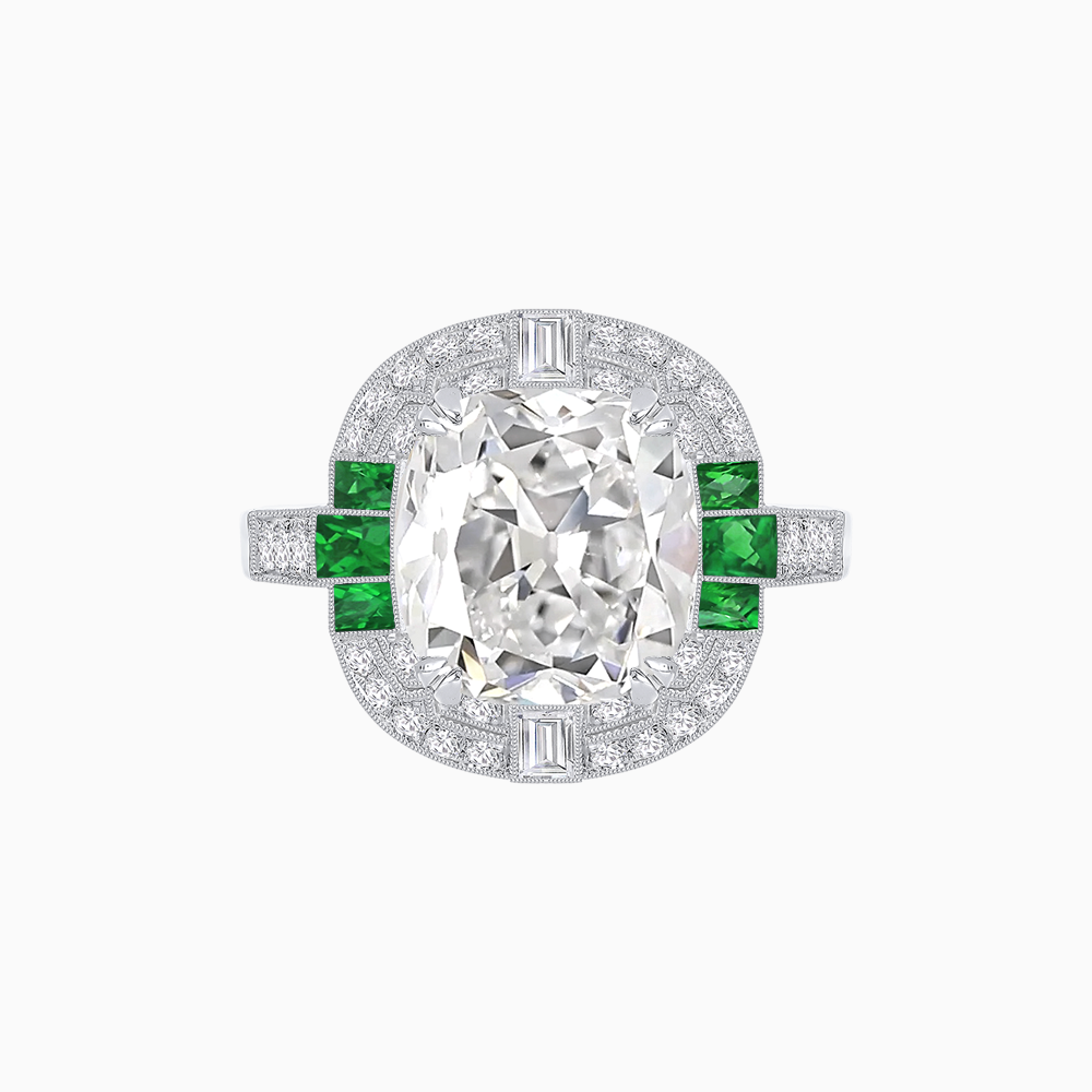 Art Deco Style Cushion Cut Ring Mounting with Diamond Halo and colored Side Gemstones